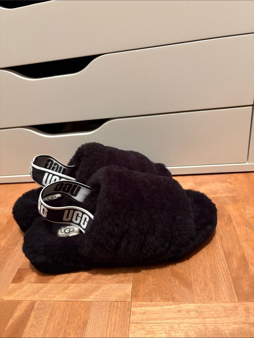 UGG Black Fluff Slide With Branded Heel Strap